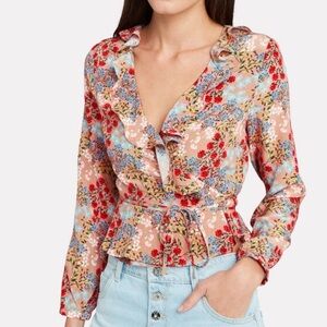 INTERMIX Silk printed Floral Ruffle Blouse Top Tie Front V-Neck Boho size 2